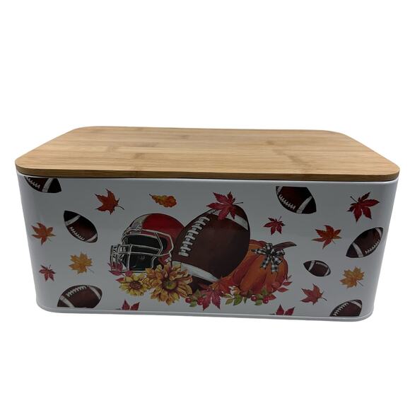Fall Football Bread/Snack Tin With Cutting Board Lid Thanksgiving Bread Box - Picture 2 of 15
